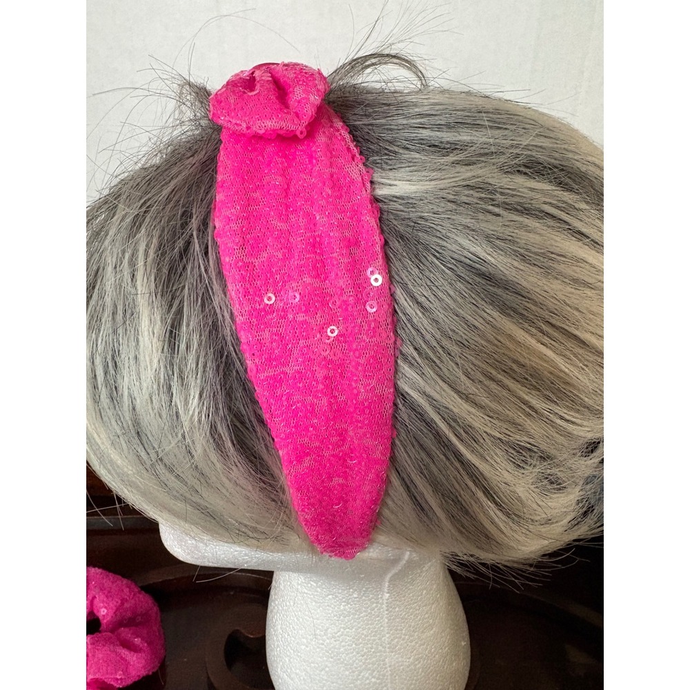 Hot Pink Sequin Lace Bow Headband and Scrunchie Wide Sparkly Hair Accessory
